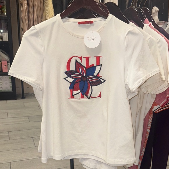 Carolina Herrera White T-Shirt with Red and Blue Floral Logo